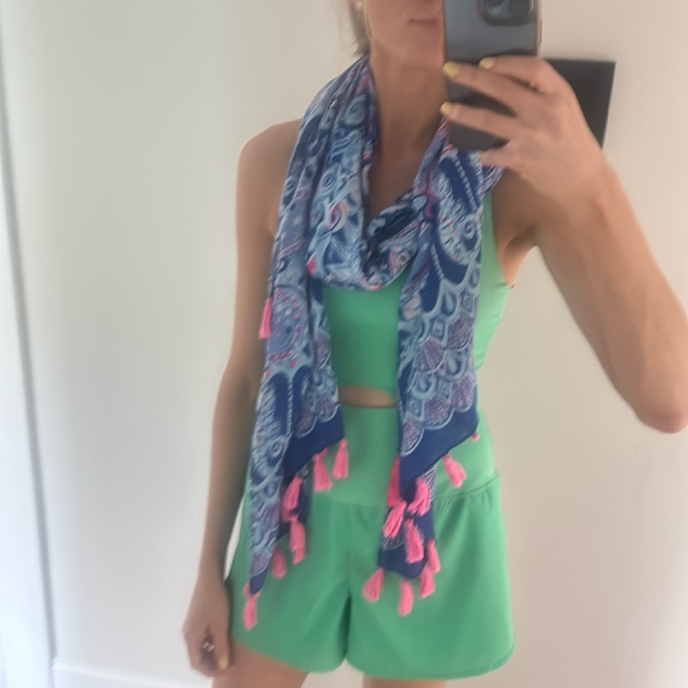 Blue and Pink Patterned Scarf with Tassels
